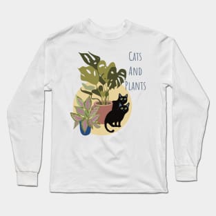 Two Black Cats With Plants Long Sleeve T-Shirt